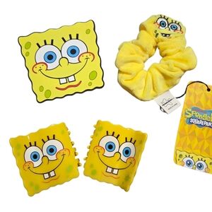 NICKELODEON 4-Pc SpongeBob SquarePants Scrunchie 2 Hair Clips & Rubber Coaster